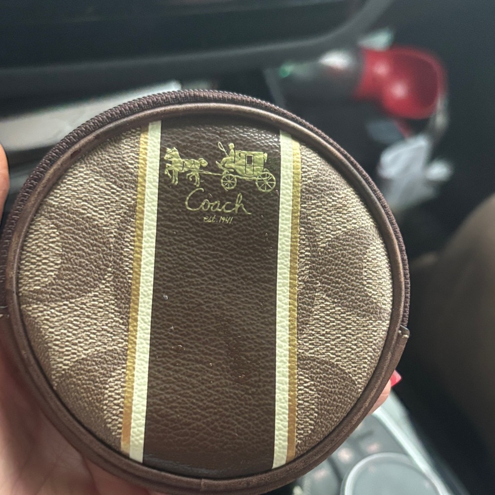 Coach Brown and Cream Signature Round Coin Pouch